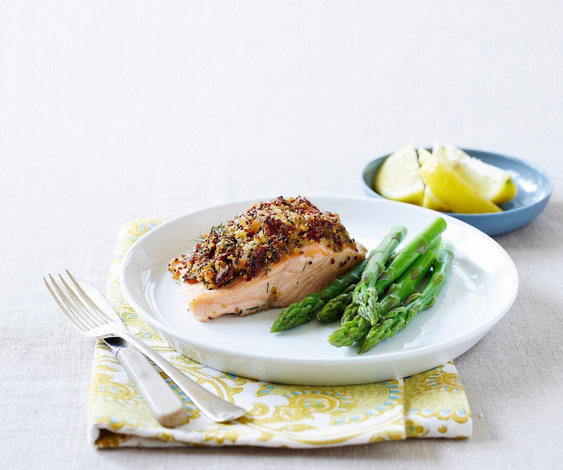 Salmon with a mustard & tomato crust and asparagus