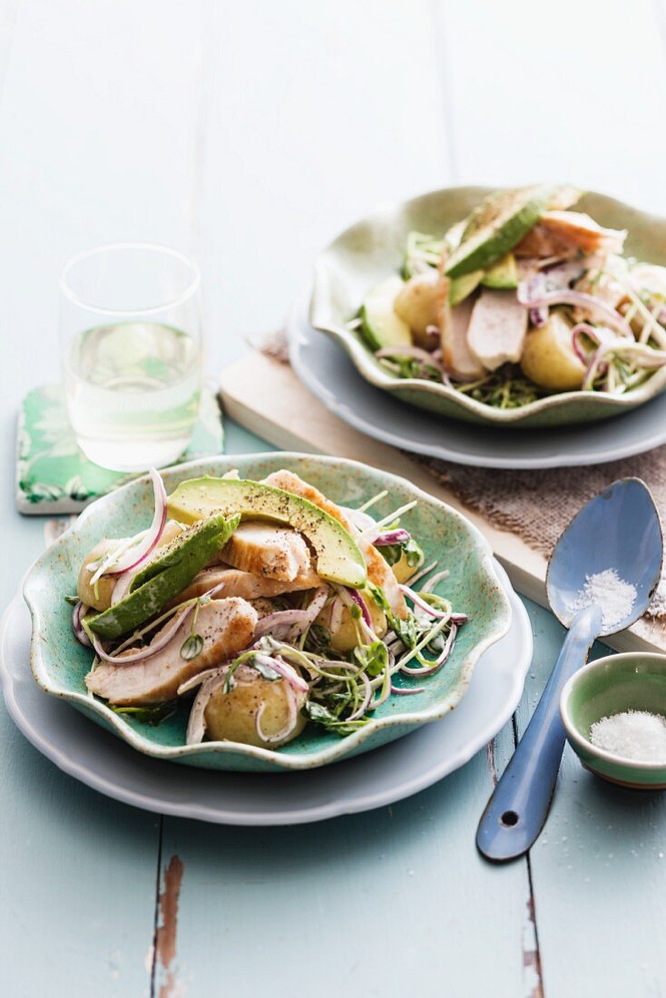 Salad with chicken, potatoes and avocado