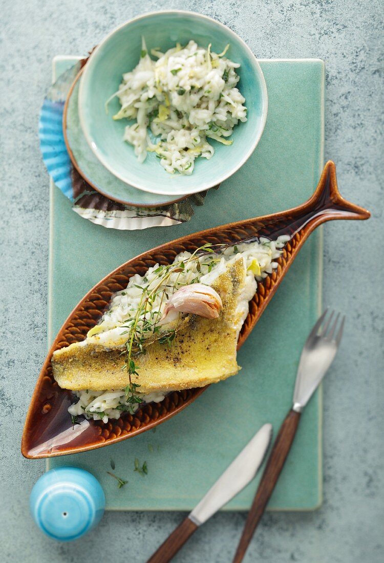 Zander fillet with white wine & herb risotto