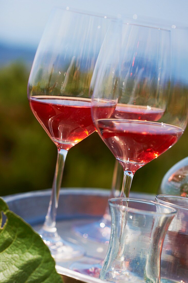 Three glasses of rosé wine on a tray outdoors (Domaine de la Begude, southern France)
