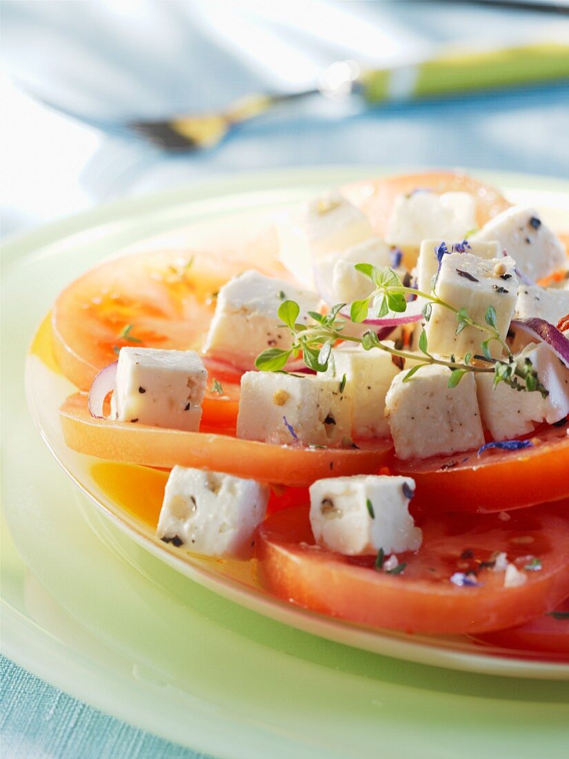 Tomato salad with feta, thyme and lavender