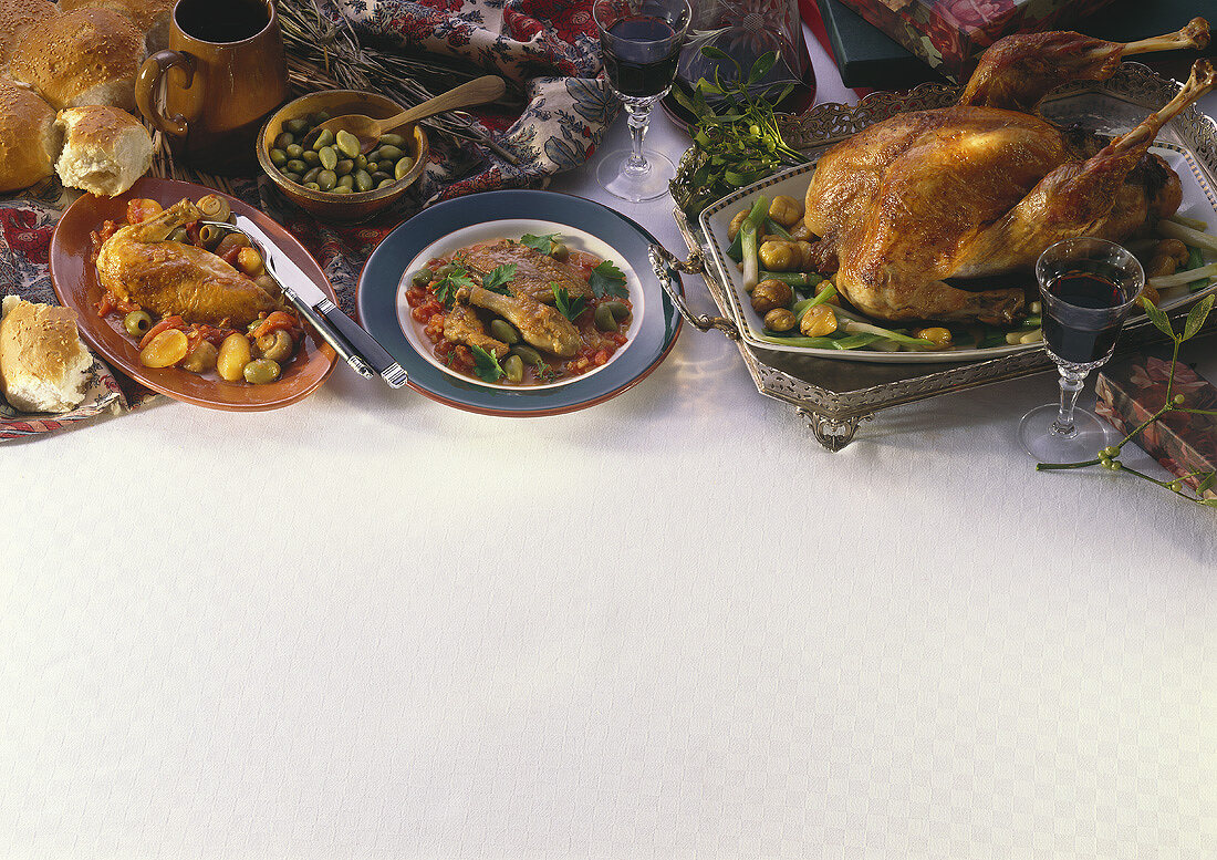 French poultry dishes: chicken, duck stew and turkey