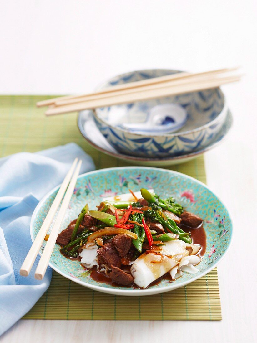 Sweet soy lamb and flat rice noodles