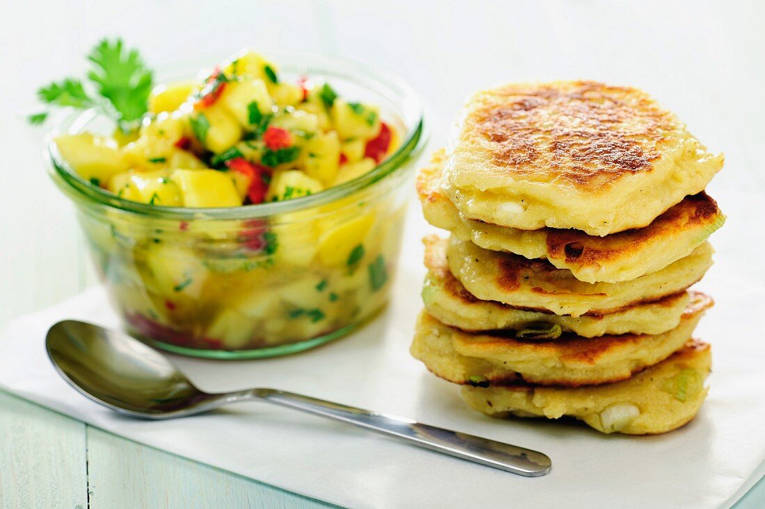 Quark and spring onion pancakes with mango chutney
