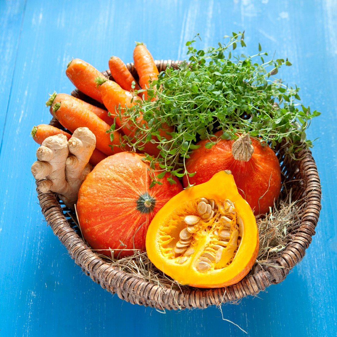 Ingredients for squash soup in a basket
