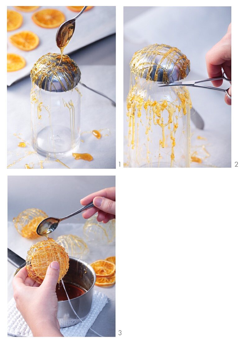 Caramelised orange slices being prepared