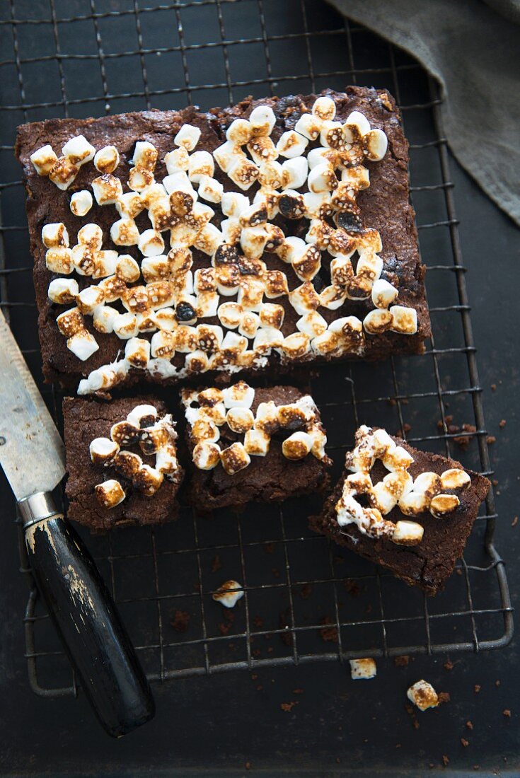 Brownies with marshmallows on a cooling rack