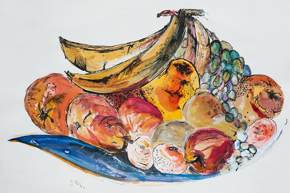A colourful painting of a bowl of fruit with pears, bananas, mandarins, grapes and oranges
