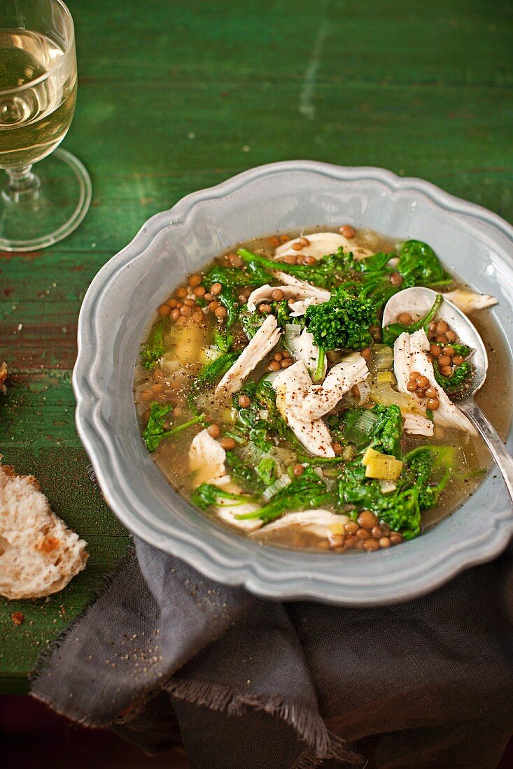 Chicken, leek, broccolini, lentil and spinach soup
