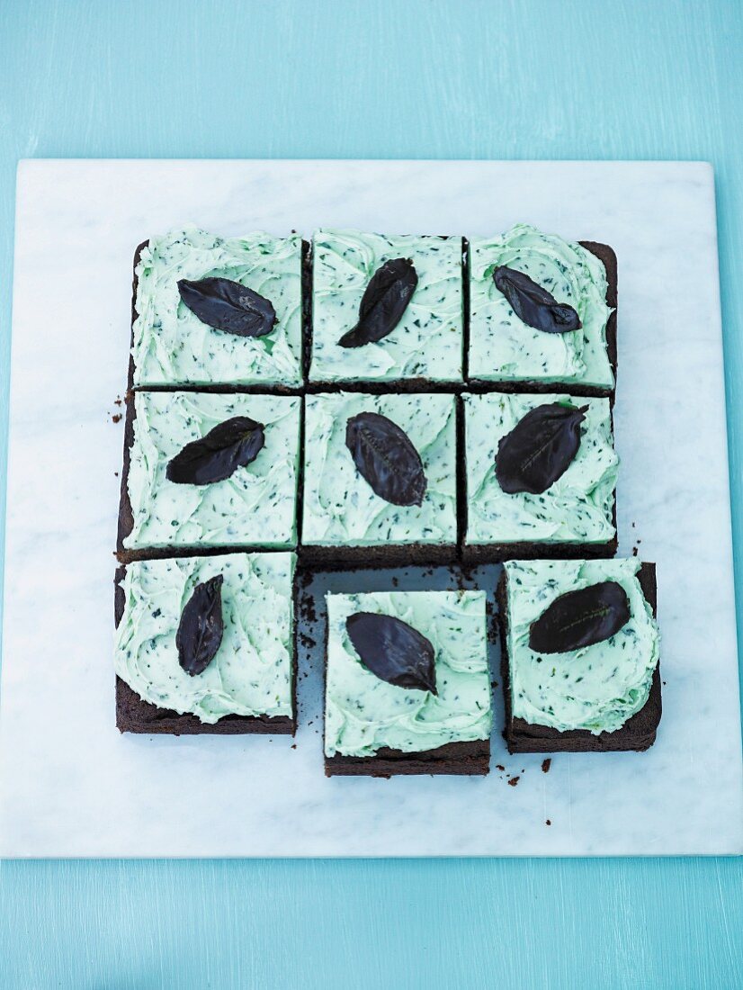 Chocolate cake with mint buttercream and chocolate leaves