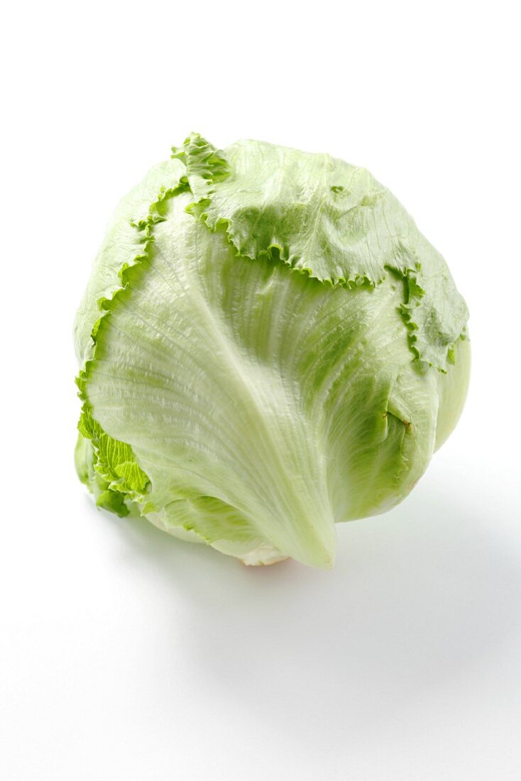 An iceberg lettuce against a white background