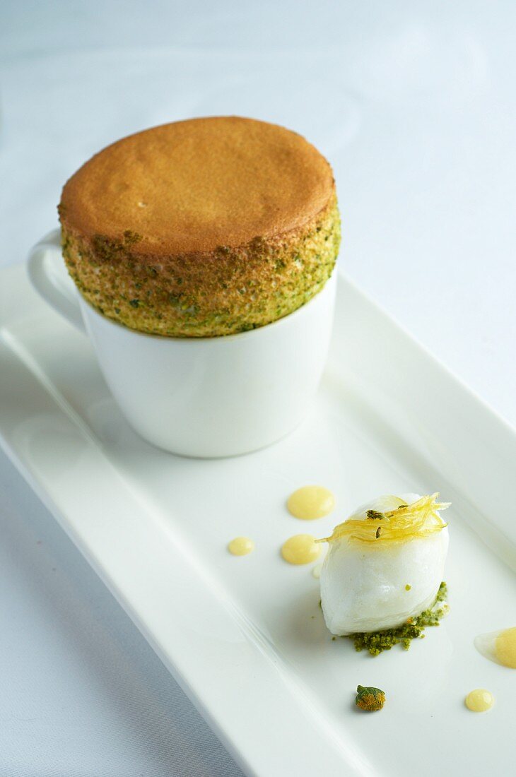 Lemon soufflé and lemon ice cream