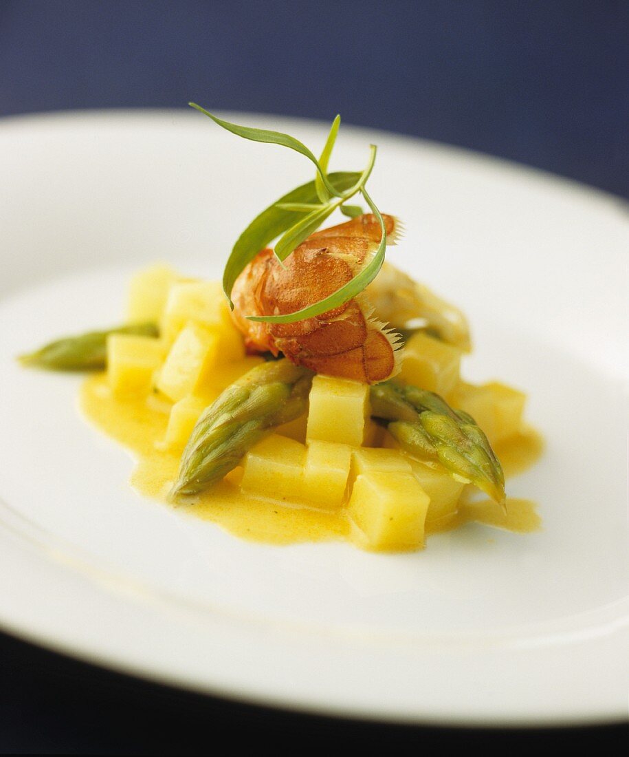 Langoustine with green asparagus and diced potatoes