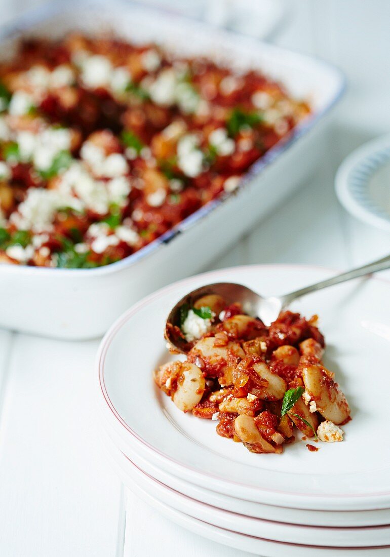 Gigantes plaki (baked white beans in tomato sauce with feta, Greece)