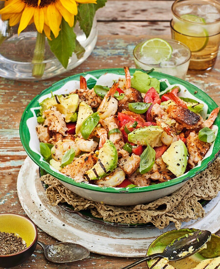 Lemon prawns with chargrilled avocado panzanella salad