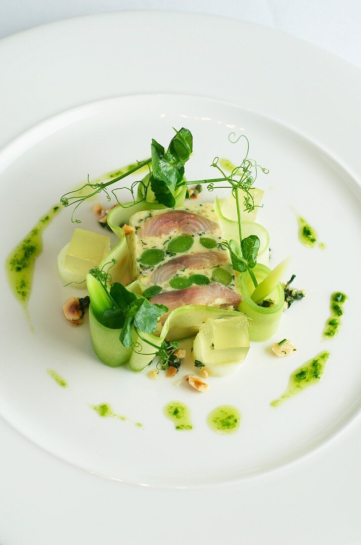 Fish terrine with beans and cucumber strips