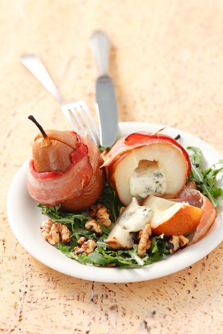 Pears wrapped in bacon and stuffed with Gorgonzola
