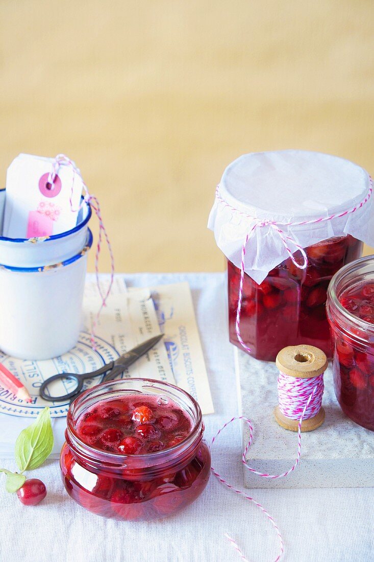 Cornelian cherries in preserving jars