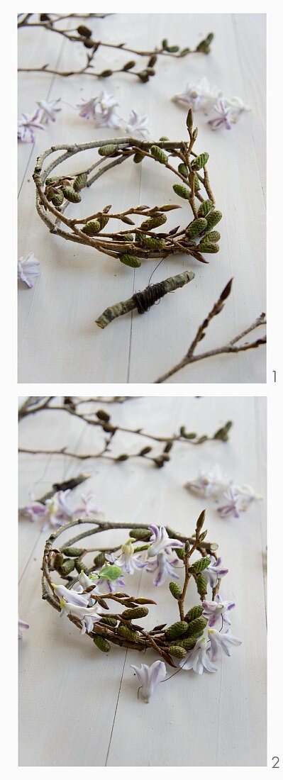 Making a wreath of alder catkins and hyacinth florets