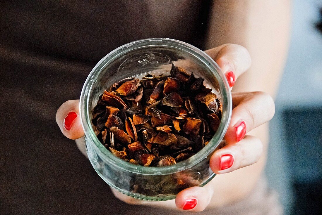 A woman's hand holding spices for mulled wine