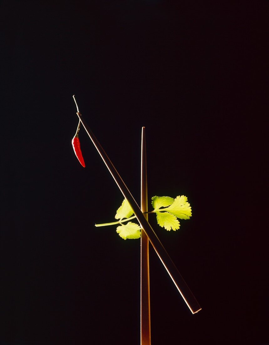 Chopsticks with a chilli and coriander leaves against a black background