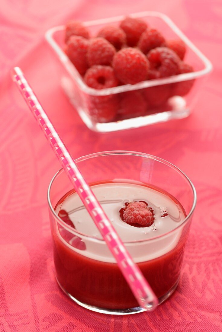 Himbeersaft und frische Himbeeren