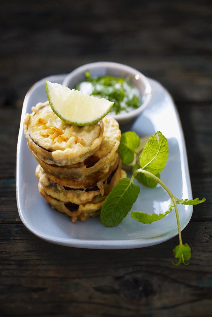 Aubergine fritters with mint sauce