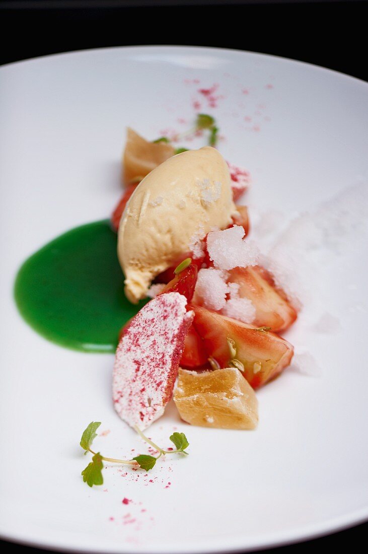 Strawberry Charlotte with Thai basil sauce and celeriac sweets