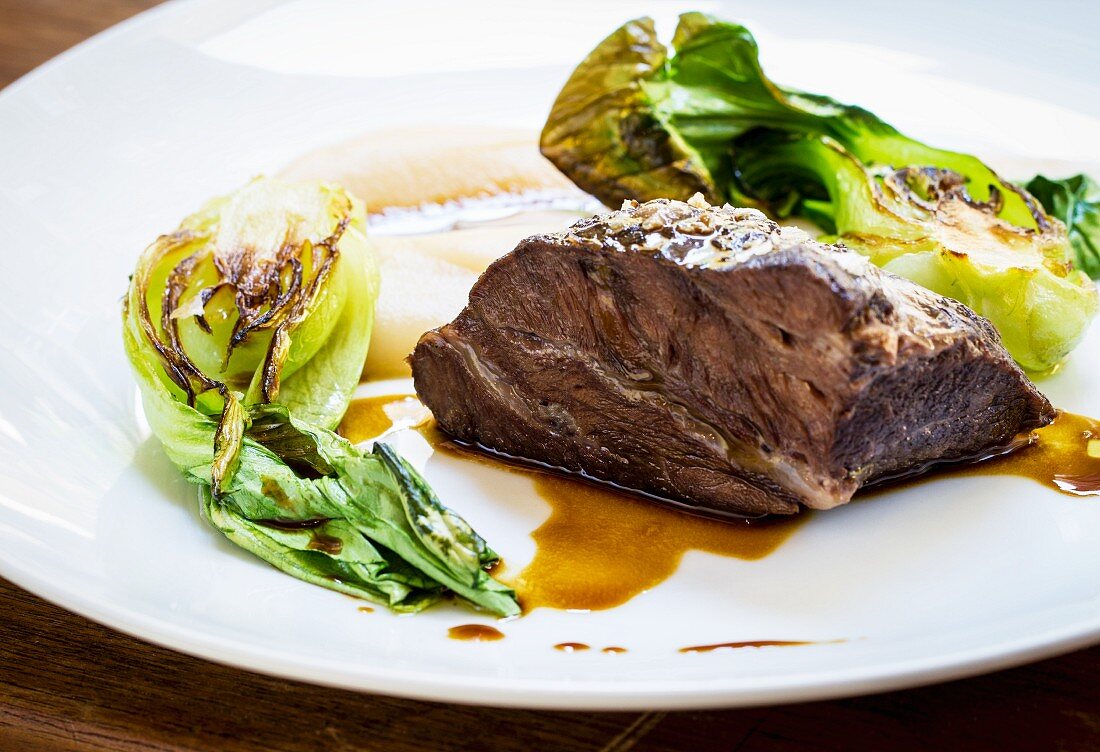 Beef cheek with pak choi and celery puree