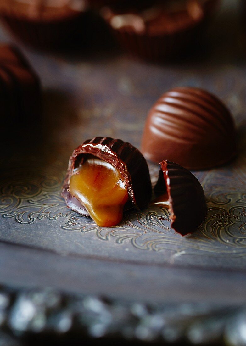 A chocolate filled with salted caramel