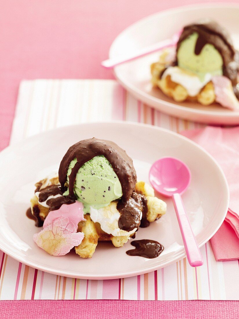An ice cream dessert on a Belgian waffle with marshmallows, mint ice cream and chocolate sauce