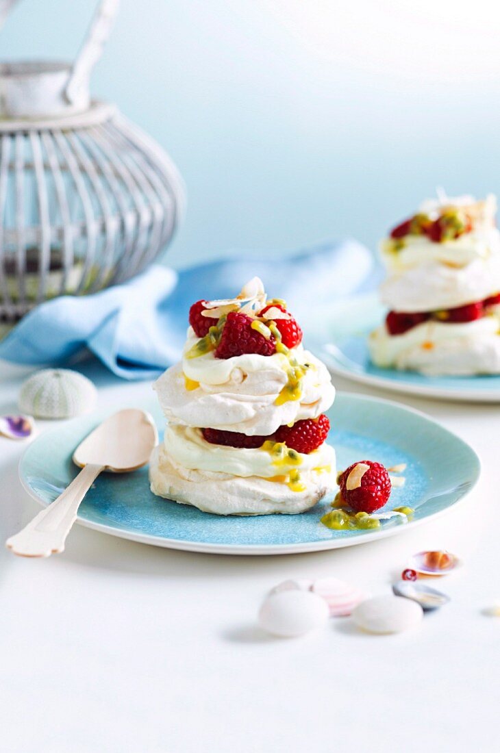 Coconut pavlova with sweetened cream filling and strawberries