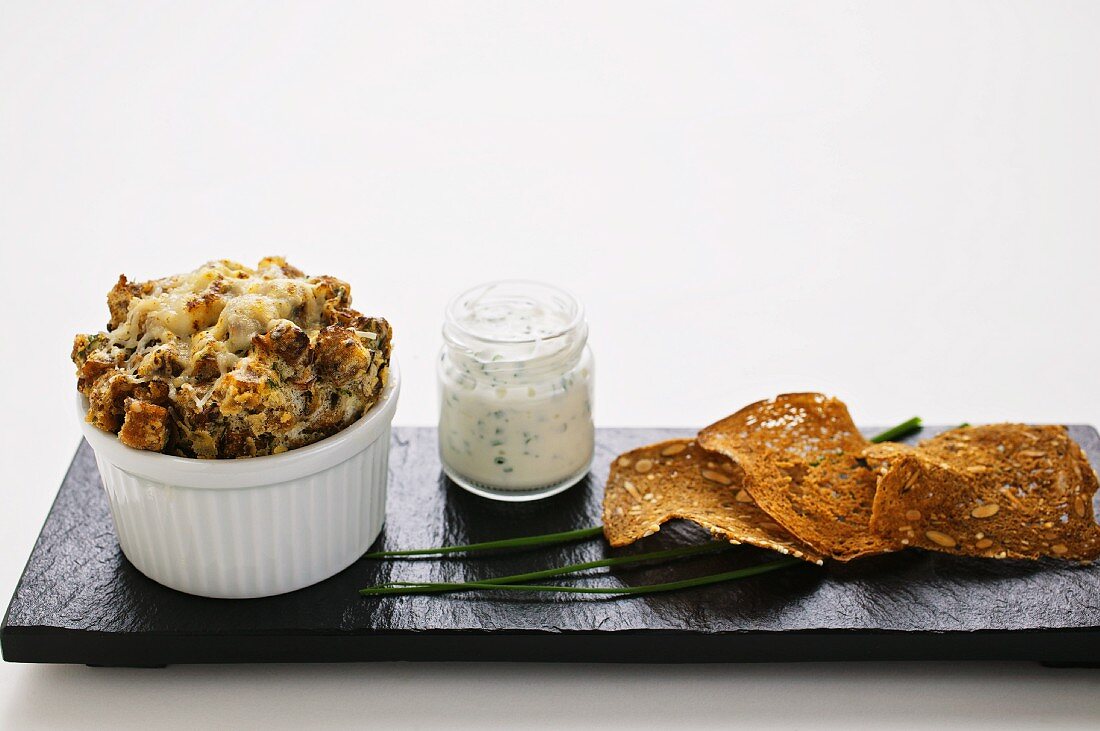 Wholemeal bread pudding with chive quark