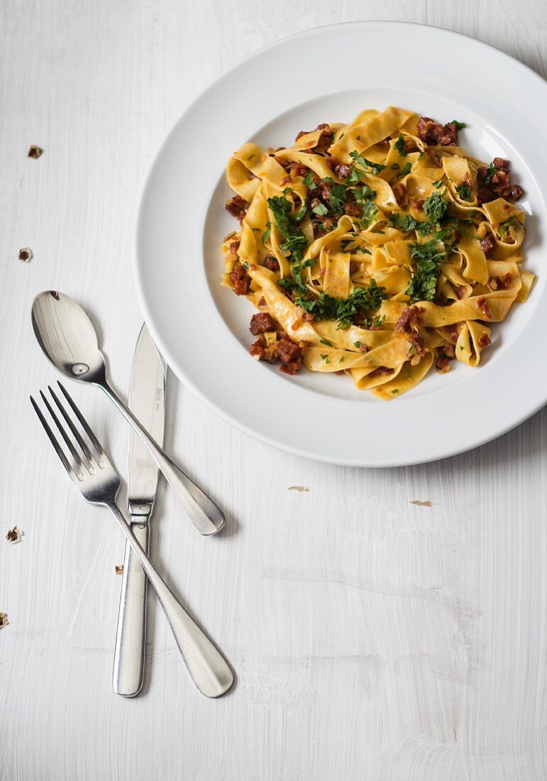 Pappardelle with sausage and parsley