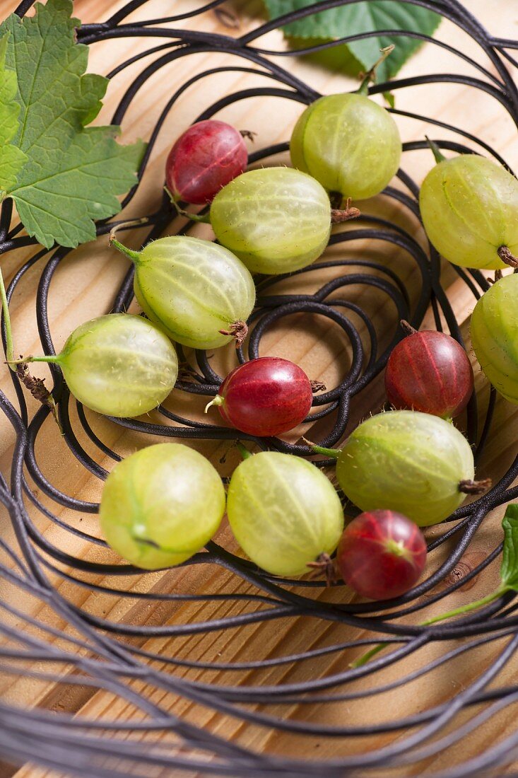 Rote und grüne Stachelbeeren in einer Drahtschale