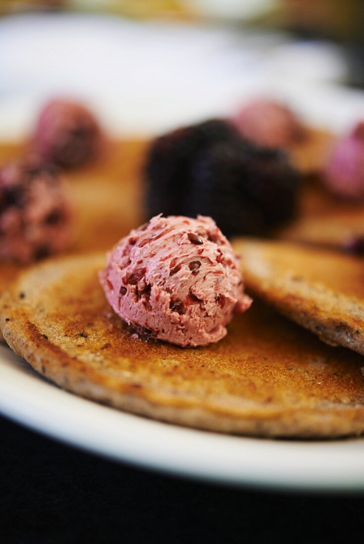 Blue Corn and Buckwheat Pancakes with Blackberry Butter