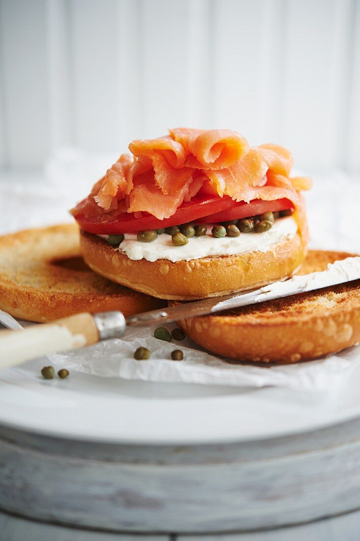 Toasted Bagel with Lox, Cream Cheese, Sliced Tomato and Capers