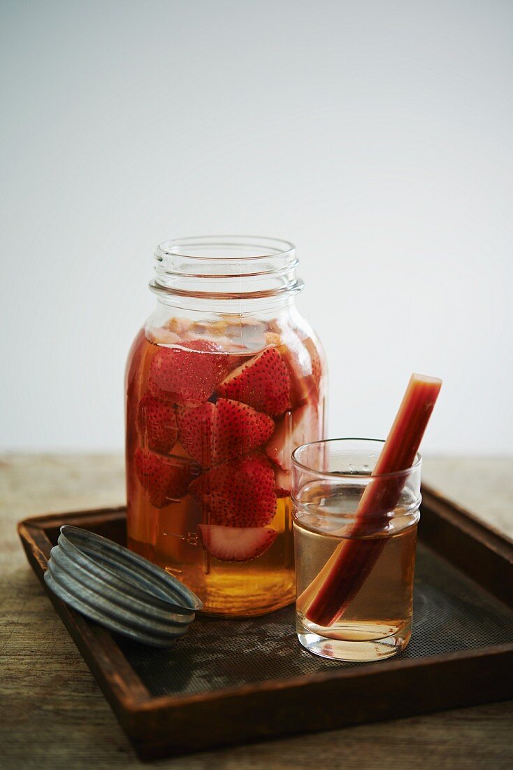 Moonshine Liqueur Infused with Strawberries and Rhubarb