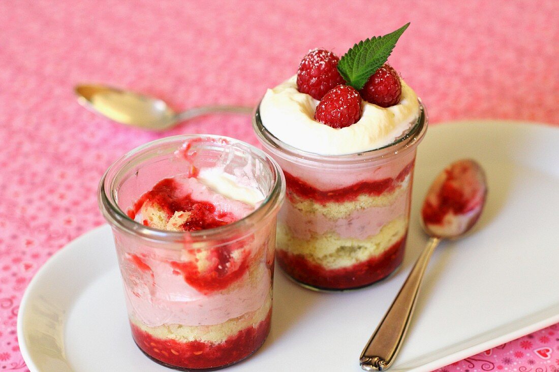 Raspberry and sponge dessert in glasses