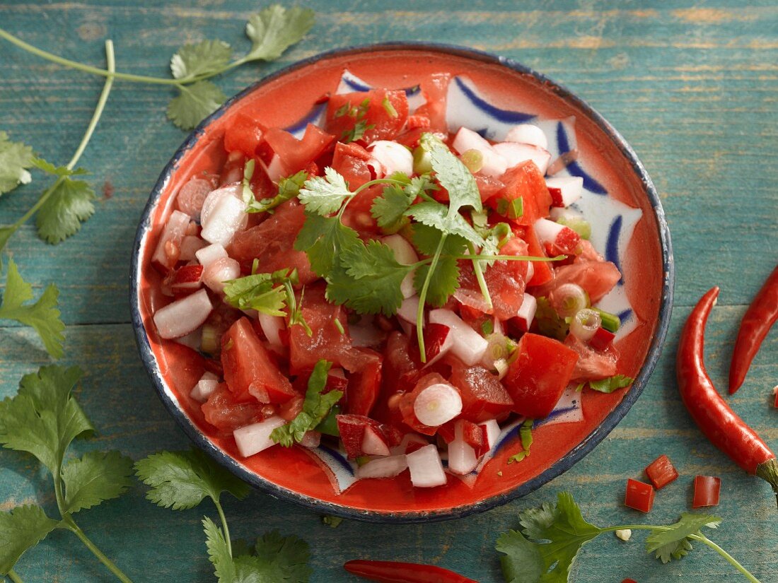 Salsa with tomatoes, chilli and coriander