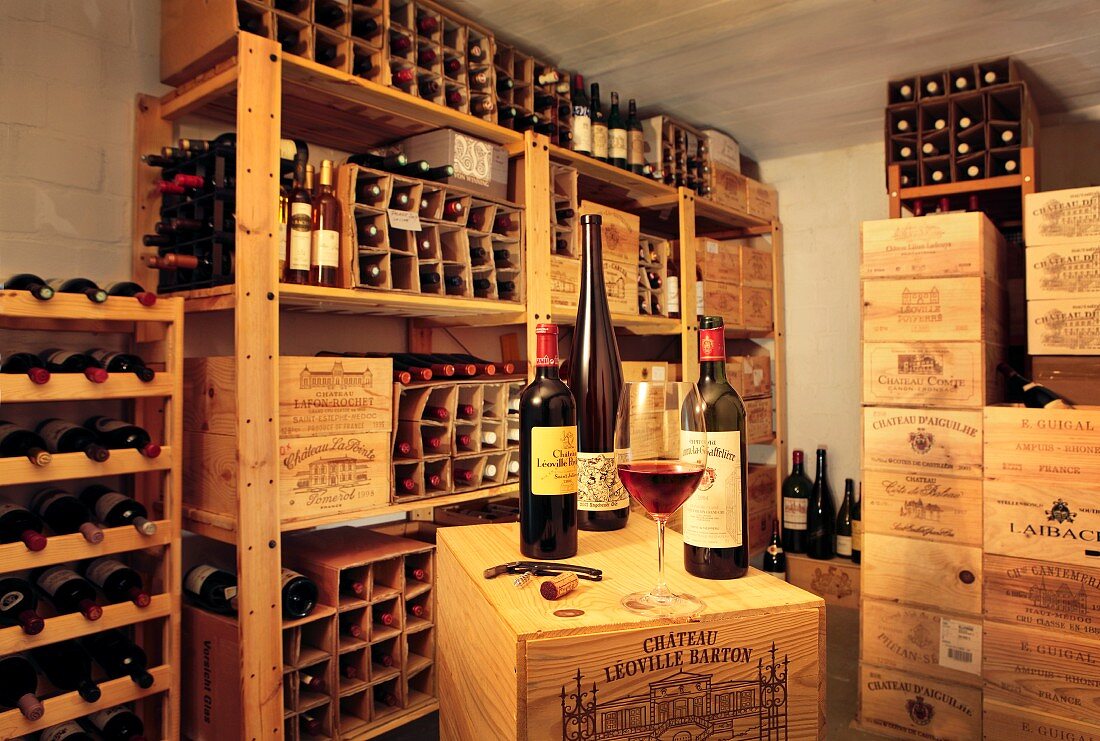 Verschiedene Weinflaschen in Holzkisten und Weinregal im Weinkeller