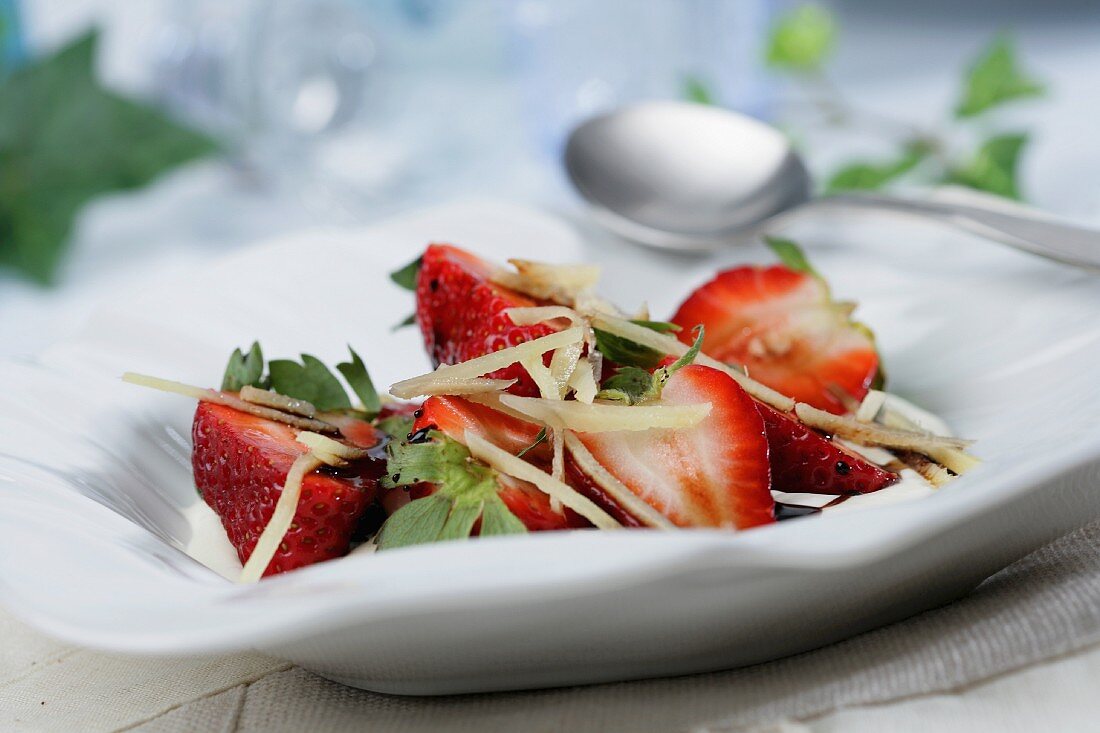 Large strawberries with vinegar syrup and ginger