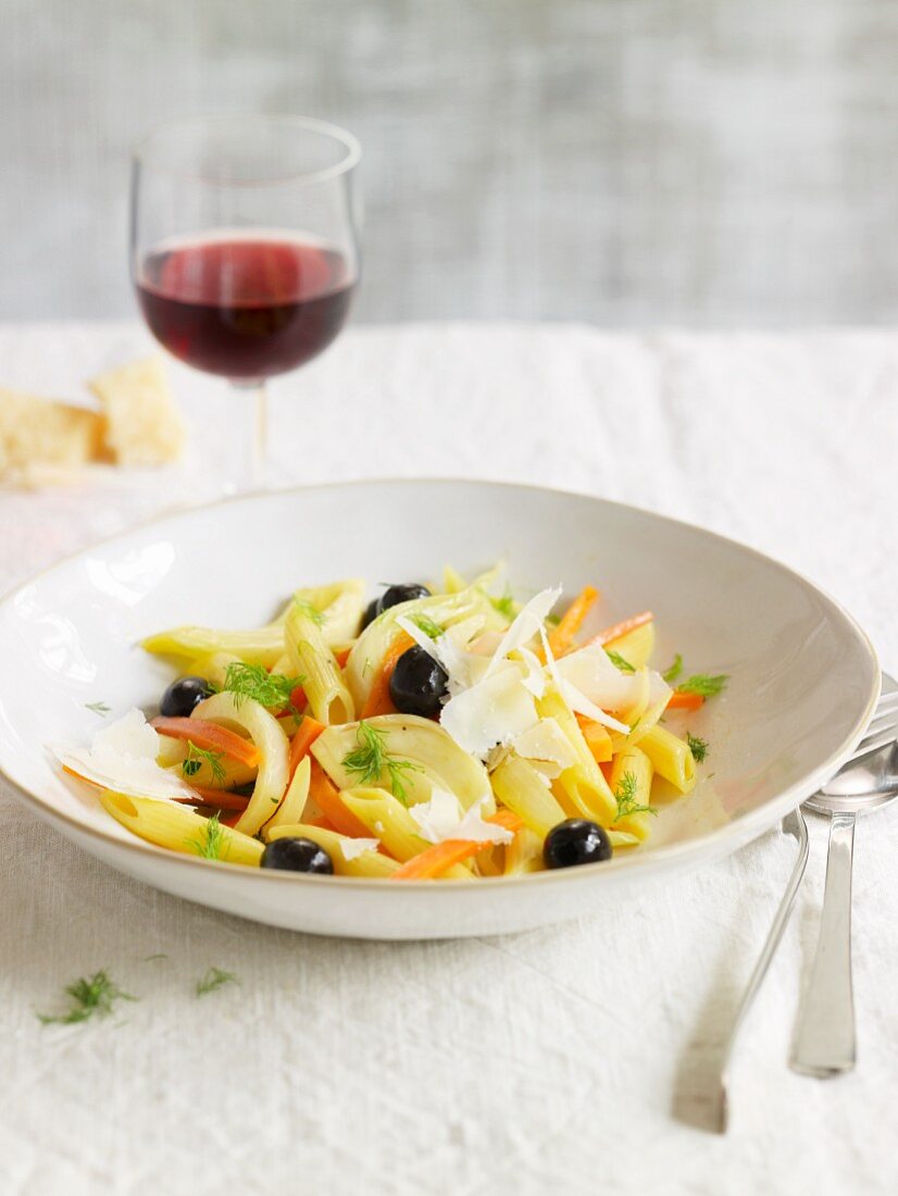 Penne with marinated spring vegetables and olives