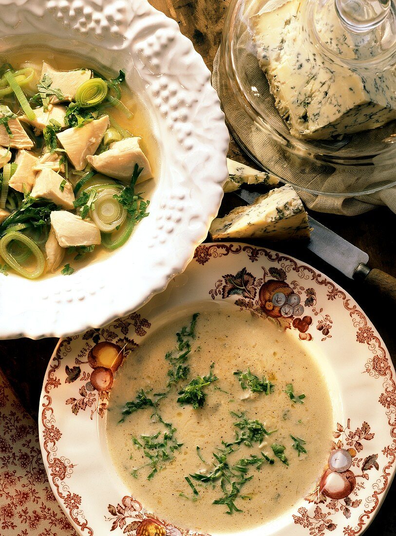 Scottish leek soup with chicken and English Stilton soup