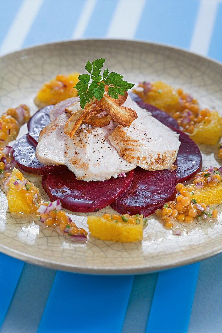 Free-range chicken on beetroot with a lentil & orange vinaigrette