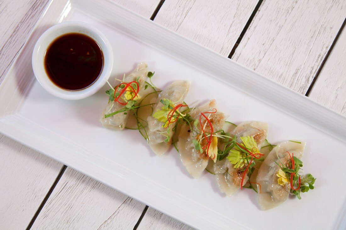 Dim Sum with prawn filling and soy sauce (view from above)