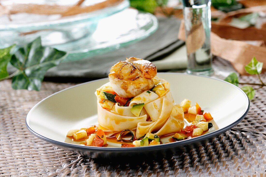 agliatelle with scallops, vegetables and sobrasada