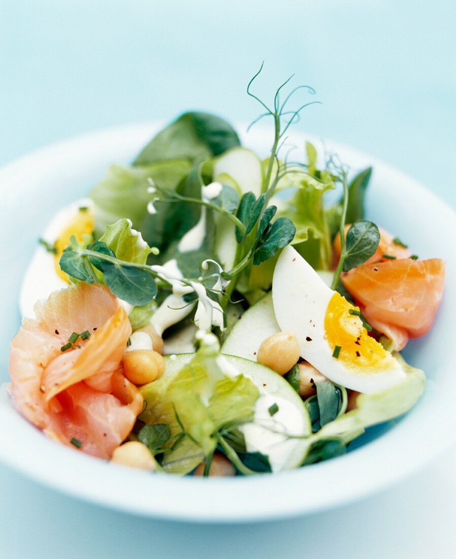 Vegetable salad with chickpeas, salmon and egg