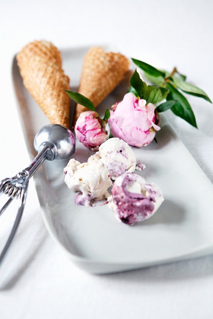 Verschiedene Eiskugeln mit Eiswaffeln