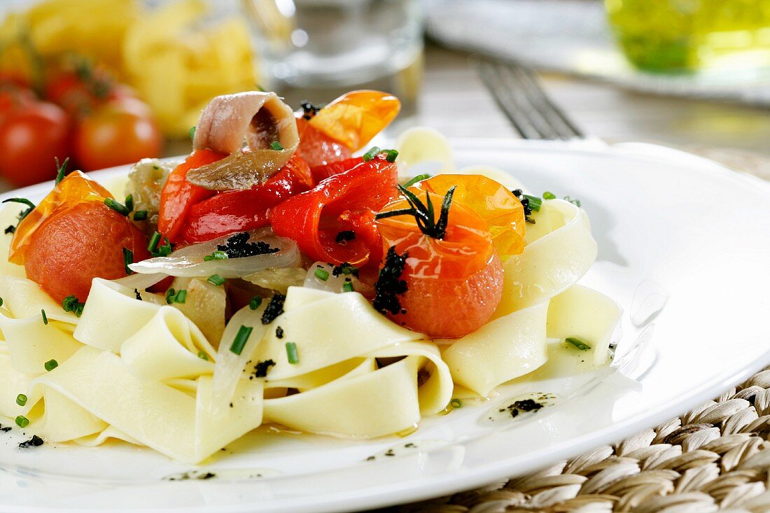 Tagliatelle with grilled vegetables and olive vinaigrette